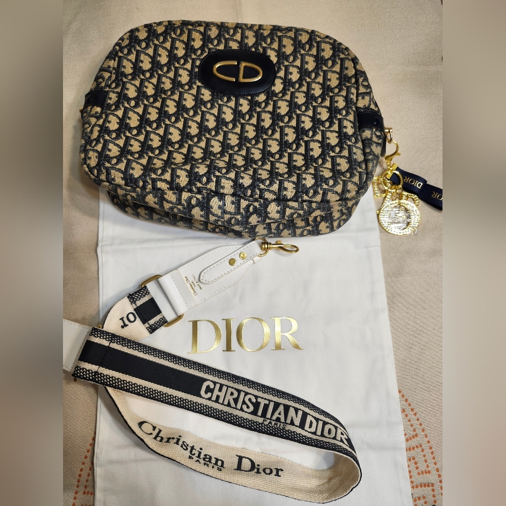 Vintage Christian Dior Trotter Tan and Blue Women's Bag